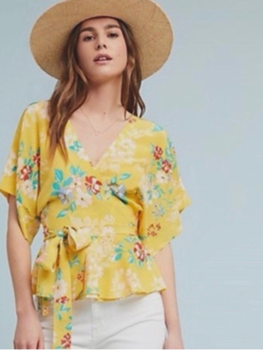 Anthropologie Yumi Kim Yellow Floral 100% Silk Wrap Blouse NWT